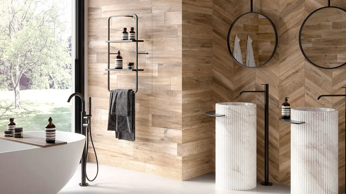 Luxury bathroom with herringbone wood-effect tiles
