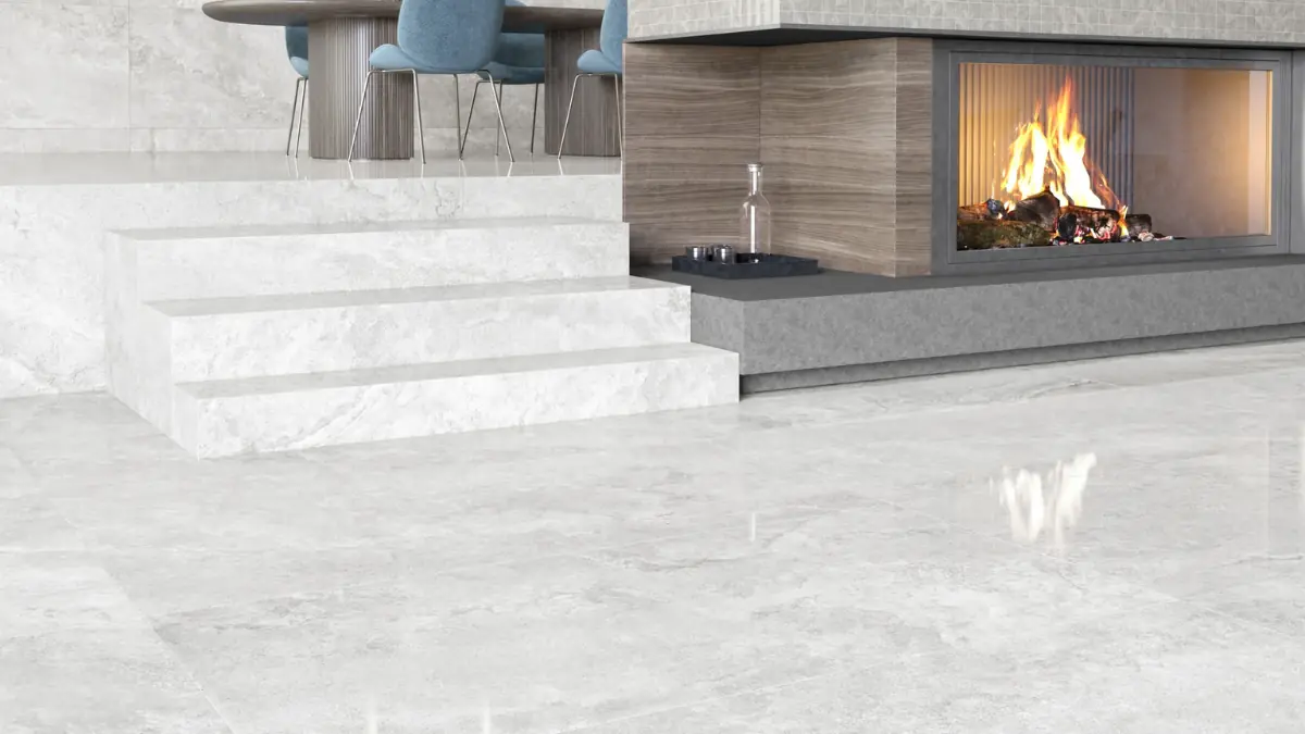 White glazed stone porcelain tiles floor in a modern house