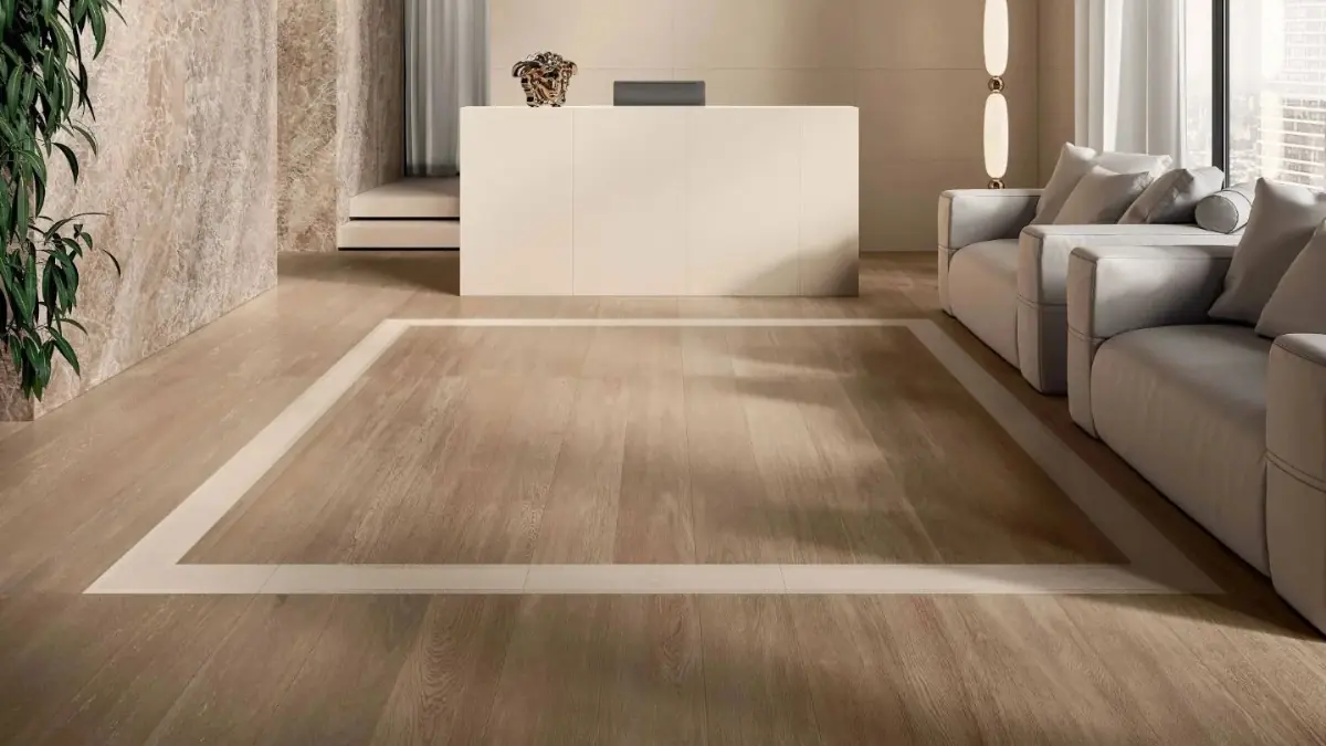 Wood effect porcelain tiles in a cozy home having a warm beautiful atmosphere
