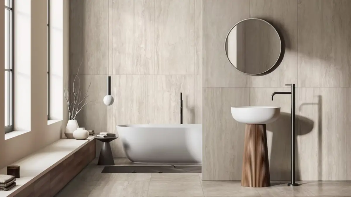 Spa-style bathroom in honey-toned travertine-effect porcelain tiles — textured floor and smooth walls — with a freestanding stone bath, brushed black fittings and warm ambient lighting